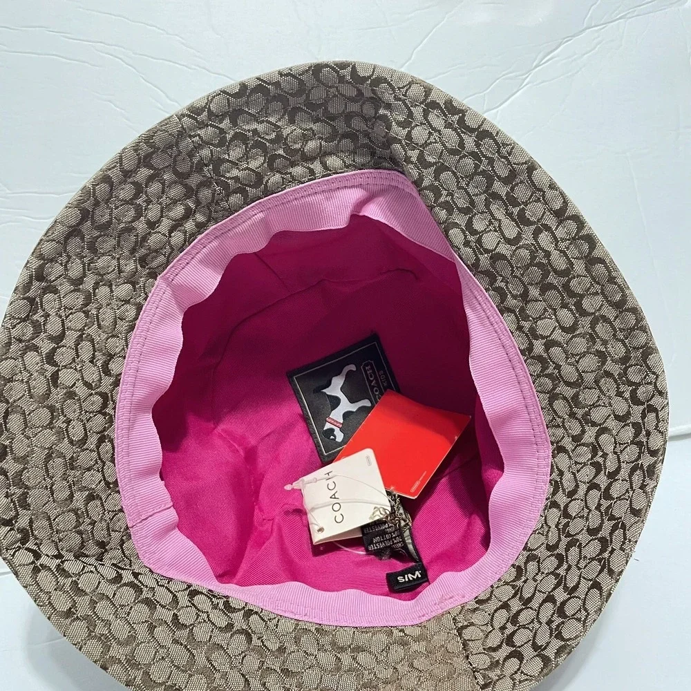 Vtg Coach Women Kids Girls Signature Monogram Bucket Hat Pink Trim Logo‎ Sz S/M